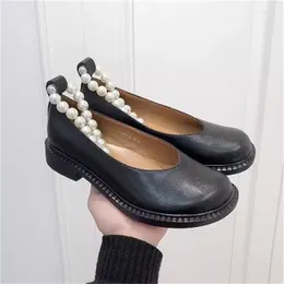 Dress Shoes Pearls For Ladies Round Toes Women Low Heels Mary Janes Chain Chassure Femme Ankle Strap Female Sewing Lines Zapatos Mujer