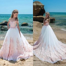 Dresses 2018 Beautiful Birthday Holiday Dresses For Teens Scoop Sheer Neck Flower Girls Dresses Short Cap Sleeves Appliques Tulle Pageant