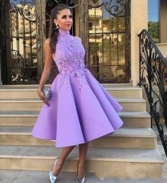 Dresses Light Purple High Neck Tea Length A Line Cocktail Dresses Satin Lace Appliqued Short Prom Evening Gowns Homecoming Dresses vestido