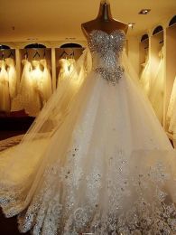 Dresses Beaded Crystal Ball Gown Wedding Dress With Lace Appliques 2018 Sweetheart Floor Length Wedding Gowns Lace Up Fast Shipping