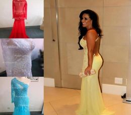 2021 Evening Dresses Sheer One Shoulder Long Sleeve Lace Backless Mermaid Yellow Green Red Carpet Celebrity Gowns9665390