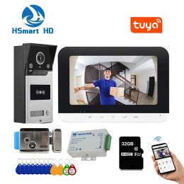 Intercom New 7 Inch Tuya Wifi Smart Video Door Phone Intercom System With Monitor and Lock With RFID Doorbell Camera Phone APP Unlock