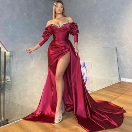 Dresses Sexy Plus Size Burgundy Mermaid Evening Dresses Off Shoulder Long Sleeves High Side Split Sweep Train Formal Prom Gowns Custom Mad