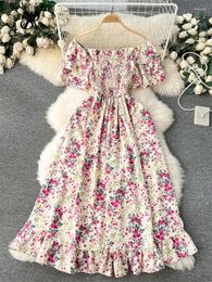 Casual Dresses SINGREINY Floral Print Holiday Long Dress Women 2024 Off Shoulder Short Sleeve Fashion Female Slash Neck Stretch Vacation