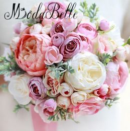 Pink Bridal Bouquets Roses Camellia Gelin Buketleri Wedding Boutonniere Groom Wrist Corsage Bracelets Bridesmaid Hand Flowers3545430