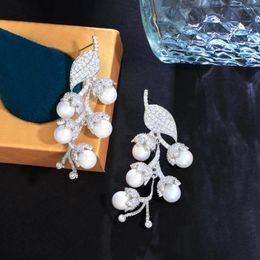 Dangle Earrings ThreeGraces Beauty Cubic Zirconia Imitation Pearl Long Leaf Drop For Women Elegant Bridal Wedding Party Jewelry E1407