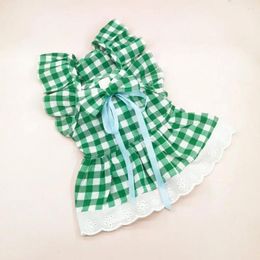 Dog Apparel Plaid Print Pet Dress Princess Set With Sleeves Skirt Flying Shoulder Clothing Vest Costume For Dogs Sweet