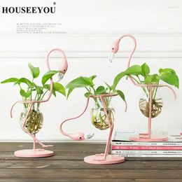 Vases Pink Flamingo Shape Glass Tabletop Hydroponics Plant Bonsai Flower Wedding Christmas Decorative Metal Vase Home Decorations