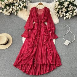 Casual Dresses Fashion Dress Women V-neck Ruffles Flare Sleeve Folds Pleated Solid Color Holiday Beach Vestidos A-line Dropship