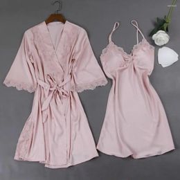 Home Clothing Lace Trim Nightgown Elegant Patchwork Women's Pyjama Set With Bow Decor Silky Loose Lace-up Tight Waist 2 Piece