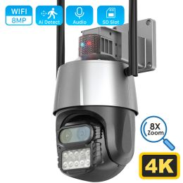 Cameras 8MP 4K Outdoor Wifi Camera with Antitheft Siren Alarm Dual Lens 8X Zoom PTZ Speed Dome Camera Ai Auto Tracking CCTV IP Camera