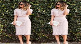 2019 Cheap Tea Length Lace Pink Cocktail Dress Sheath Two Pieces Short Holiday Club Wear Homecoming Party Dress Plus Size Custom M4726102