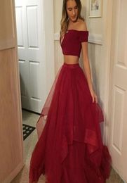 Simple Dark Red 2 Piece Prom Dresses Boat Neck Short Sleeve ALine Tulle Sexy Long Evening Gowns 2018 Cheap Party Dress Women Gown7944119