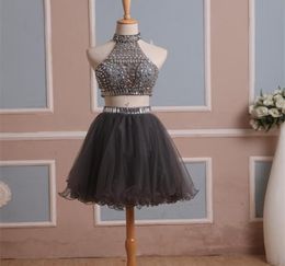 2021 In Stock Real Homecoming Dress Two Pieces Grey Tulle Graduation Gown with Rhinestones High Neck Short Prom Cocktail Party Gow4726932