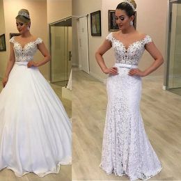 Dresses Scoop Short Sleeve Pearls Lace Wedding Dresses Bridal Gowns Detachable Train Zipper Ball Gown And Mermaid Wedding Gowns Plus Size
