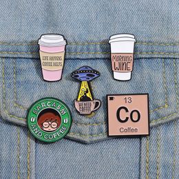 Powered By Iced Coffee Enamel Pins Morning Wine Creative Metal Brooches Lapel Badges Funny Coffee Jewellery Gift for Kids Friends