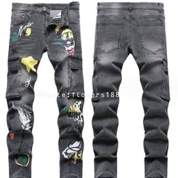 Men's Jeans 2024 Men's Printed Denim Cargo Trendy Bag Pants Fashion Slim Pencil Mid-Rise Pants Joggers Jeans Big Joggers Jeans For Men Jumpsuit Shorts Jeans Women