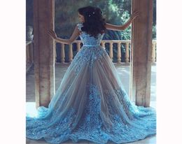 Luxury 3DAppliques Ball Gown Evening Dresses Princess Muslim Prom Dresses With Red Carpet Blue Party Dresses Custom Made Evening 1231763