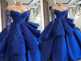 Royal Blue Satin Quinceanera Princess Dresses Long Sleeve Embroidery Beaded Layered Ball Gown Sweep Train Evening Party Gowns6212950