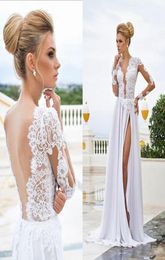 2019 Sexy Beach Wedding Dresses Sheer Lace Appliqued Long Sleeves Sheath V Neck Backless Split Chiffon Bridal Gowns White Dress8295274