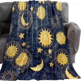 Blankets Flannel Throw Boho Chic Golden Sun Moon And Stars Blue Black Sky Antique Lightweight Luxury Blanket Couch Bed