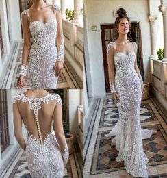 2019 Berta Mermaid Wedding Dresses Scoop Neck Lace Applique Button Back Sweep Train Long Sleeve Wedding Gowns robe de Sexy Bridal 5458281