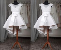 2018 Real Image White Short Homecoming Dresses Sheer Neck Cap Sleeves Appliques Lace Satin Custom Made High Low Prom Dresses Fast 4018934