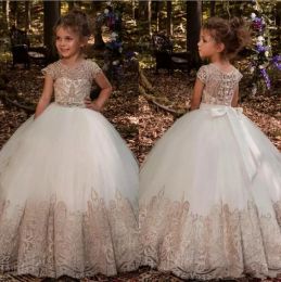 Dresses Lovely Jewel Neck Cap Sleeves Little Flower Girl Dresses 2020 Lace Appliques Buttons Back Ball Gown Organza Girls Pageant Wear For