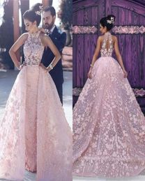 Newest Arabic Evening Dresses 2018 Appliques Blush Pink High Neck Long Prom Celebrity Party Gowns with Detachable Train3291768