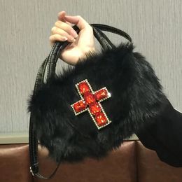 Xiuya Y2k Gothic Handbag Soft Plush Black Cross Applique Shoulder Bag Fashion Harajuku Style Punk Hip Hop Biker Crossbody Bag 240322