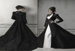 Gothic Black and White Mermaid Wedding Dresses with Long Sleeves Coat Sweetheart Trumpet Chapel Train Satin and Lace Bridal Gowns 8358082