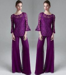 Suits Classy Purple Lace Mother Of The Bride Pant Suits Sheer Jewel Neck Long Sleeves Wedding Guest Dress Plus Size Chiffon Mothers Groo