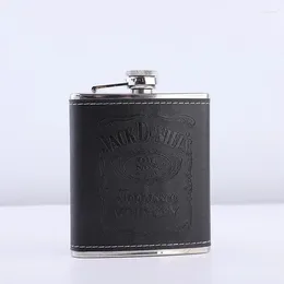 Hip Flasks Metal Cap Leather Wrapped Embossed Decanter Stainless Steel Outdoor Spray-painted Black Engraved Wine Bottle