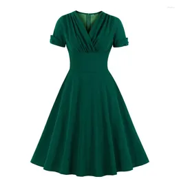 Party Dresses Solid Green Ruched V Neck Wrap1950S Vintage Swing For Women Summer Outfit Woman Clothes A Line Elegant Midi Dress