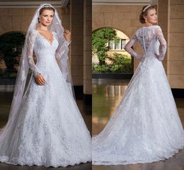 Dresses 2020 Spring New Pure White Lace ALine Wedding Dresses Plunging Neckline See Through Back Long Sleeves Bridal Gowns Vestido De Noi