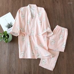 Home Clothing Three Quarter Sleeved Long Pants Kimono Cartoon Panda Lovely Cute Cotton Sleepwear Soft Two Piece Sets Couple Kawaii Clothes