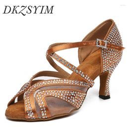 Dance Shoes DKZSYIM Woman Latin Satin Salsa Rhinestones Girls Dancing Shining Ballroom Heel 6CM-10CM