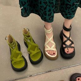 Dress Shoes Women's Green Footwear With Medium Heels Summer 2024 Roman Style Sandals For Woman Platform Zip Breathable Fashion H F