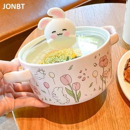 Bowls Cute Jumbo Ramen Bowl With Lid Kawaii Japanese Kitchen Tableware Ceramics Instant Noodles Fruit Salad Soup Gift 850ml