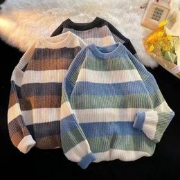 Men's Sweaters Men Striped Sweater Cozy Colorblock For Fall Winter Knitted Thick Pullover With O Neck Long Sleeves Soft