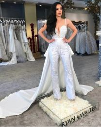 Dresses Luxury Pantsuit Jumpsuit Wedding Dress With Detachable Train 2022 Sleeveless Lace Bohemian Bride Dresses Sweetheart Guest Gown Wom