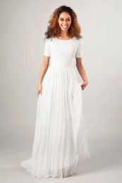 Dresses 2019 Aline Lace Chiffon Modest Wedding Dress With Short Sleeves Jewel Neck Short Train Women Modest Outdoor Bridal Gown