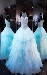 Ice Blue Ruffles Organza Ball Gown Quinceanera Dresses Luxury Beads Pearls Bodice Lace Up Prom Gowns Sweet 16 Dress for Girls9964076