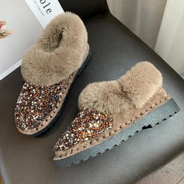 Casual Shoes Fur Flat Women's 2024 Autumer All-Match Women Boots Round Toe Crystal Female Snow Zapatos