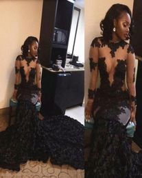 South Afria Style Black Girl Prom Dresses 2016 Sexy See Through Lace Applique Mermaid Evening Gowns Ruched Sweep Train Formal Part2376952
