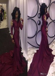 Mermaid Long Burgundy South African Prom Dress Dubai Arabic Highneck Gold Appliques Evening Reception Party Gown Custom Made Plus8424556