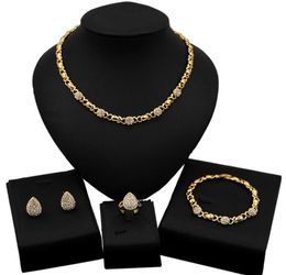 Yulaili Dubai Electroplating 18K Gold Drop Shaped Zircon Necklace Bracelet Earring Ring Set Fashion Ladies Party Luxury Wedding Da3117175