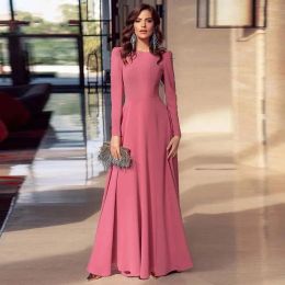 Dresses Bean Pink Muslim Aline O Neck Evening Dress 2022 Simple Soft Satin Long Sleeves Prom Formal Gown Celebrity Wear Robe De Soiree Ve