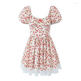 Party Dresses YENKYE Lace Trim Strawberry Print Sweet Dress Women Vintage Puff Sleeve A-line Slim Mini Summer Ladies Holiday Robe