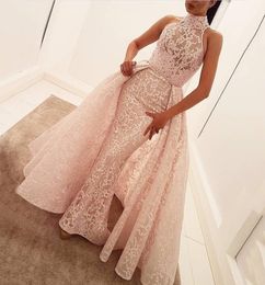 Zuhair Murad Evening Dresses 2019 Sleeveless Pink Lace High Neck Formal Party Gowns Detachable Train Pageant Celebrity Arabic Prom8078657
